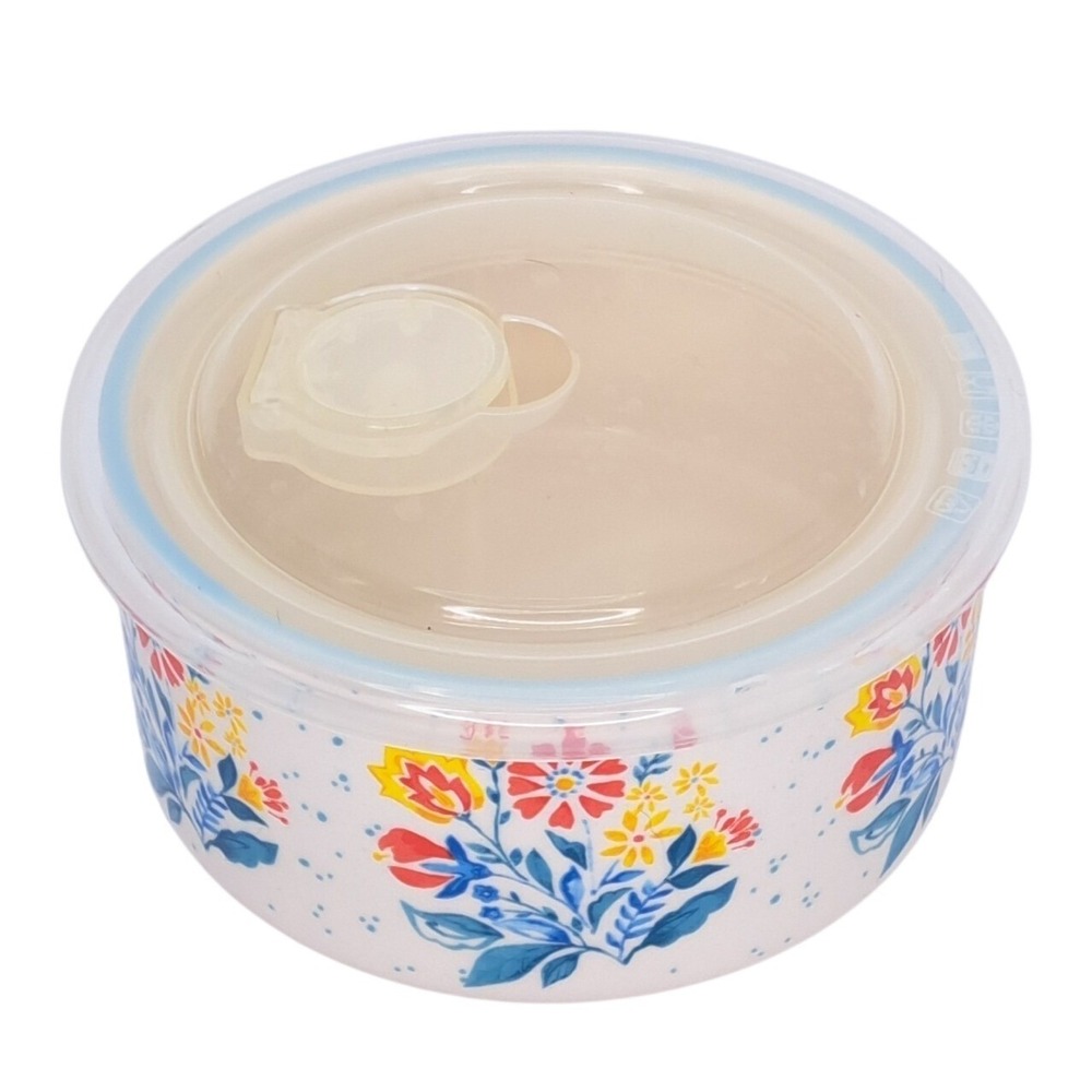 The Pioneer Woman Stoneware Storage Bowl Small White Floral Vented Lid Vintage